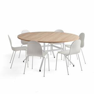 Sestava VARIOUS + GANDER, stůl Ø1600x740 mm, dub + 6 bílých židlí