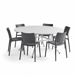 Nábytková sestava Various + Rio, 1 stůl a 6 antracitově šedých židlí