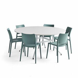 Nábytková sestava Various + Rio, 1 stůl a 6 tyrkysových židlí