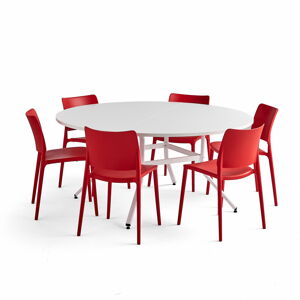 Nábytková sestava Various + Rio, 1 stůl a 6 červených židlí
