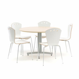 Jídelní sestava SANNA + ORLANDO, stůl Ø1100 mm, bříza + 5 židlí, bílé