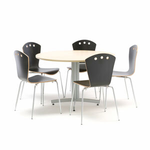 Jídelní sestava SANNA + ORLANDO, stůl Ø1100 mm, bříza + 5 židlí, černé