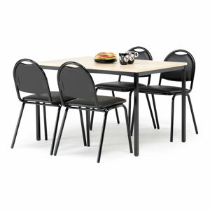 Jídelní sestava JAMIE + WARREN, stůl 1200x800 mm, bříza + 4 židle, černá koženka