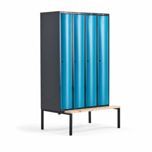 Šatní skříňka CURVE, 4 sekce, 2120x1200x550 mm, lavice, modré dveře