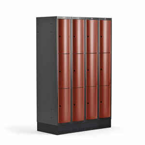 Boxová šatní skříň CURVE, 4 sekce, 12 boxů, 1890x1200x550 mm, sokl, červené dveře