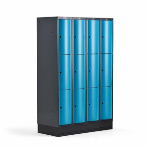 Boxová šatní skříň CURVE, 4 sekce, 12 boxů, 1890x1200x550 mm, sokl, modré dveře