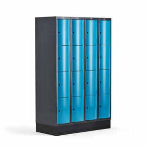 Boxová šatní skříň CURVE, 4 sekce, 16 boxů, 1890x1200x550 mm, sokl, modré dveře