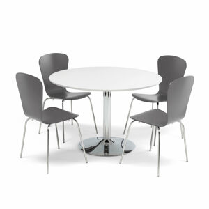 Jídelní set LILY + MILLA, stůl Ø 1100 mm, bílá/chrom + 4 židle, antracitové