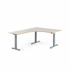 Výškově nastavitelný stůl MODULUS, rohový, 1600x2000 mm, stříbrný rám, bříza