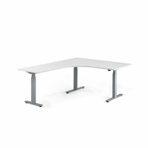 Výškově nastavitelný stůl MODULUS, rohový, 1600x2000 mm, stříbrný rám, bílá