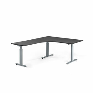 Výškově nastavitelný stůl MODULUS, rohový, 1600x2000 mm, stříbrný rám, černá