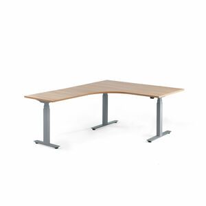 Výškově nastavitelný stůl MODULUS, rohový, 1600x2000 mm, stříbrný rám, dub