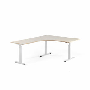 Výškově nastavitelný stůl MODULUS, rohový, 1600x2000 mm, bílý rám, bříza
