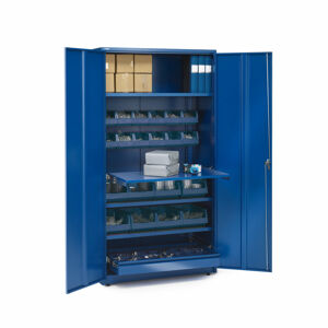 Dílenská skříň Supply, zámek na klíč, 1 výsuvná police, 1 zásuvka, 20 boxů, 1900x1020x500 mm, modrá