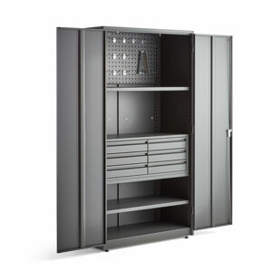 Dílenská skříň Supply, elektronický zámek, 3 police, 6 zásuvek, 1 panel, 1900x1020x500 mm, šedá