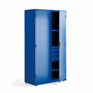 Dílenská skříň Supply, elektronický zámek, 3 police, 6 zásuvek, 1 panel, 1900x1020x500 mm, modrá