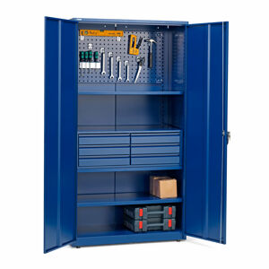 Dílenská skříň Supply, zámek na klíč, 3 police, 6 zásuvek, 1 panel, 1900x1020x500 mm, modrá