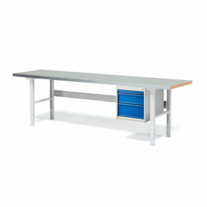 Dílenský stůl SOLID 750, 2500x800 mm, 3 zásuvky, ocelový povrch