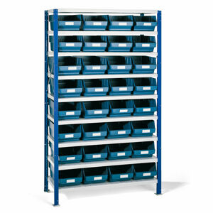 Regál s plastovými boxy REACH + MIX, 1740x1000x500 mm, 32 modrých boxů