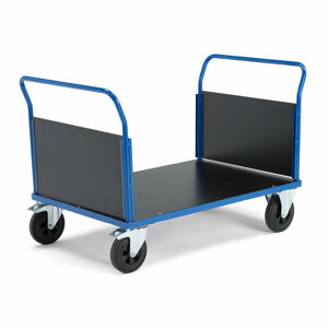Plošinový vozík TRANSFER, 2 čelní dřevěné stěny, 1200x800 mm, gumová kola, s brzdami
