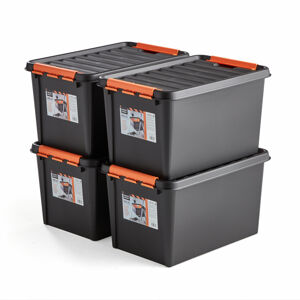 Plastový box NOLAN, s víkem, 50 l, 590x390x345 mm, černý, bal. 4 ks