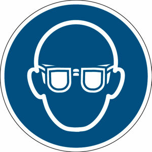 Používej ochranné brýle - značka, PES, samolepicí, Ø 100 mm