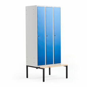 Šatní skříňka CLASSIC, s lavicí, 3 sekce, 2120x900x550 mm, modré dveře
