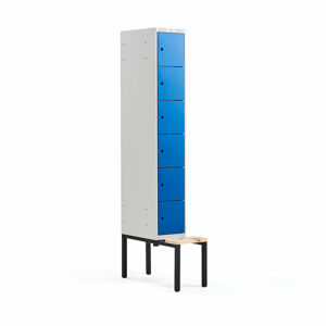 Boxová šatní skříň CLASSIC, s lavicí, 1 sekce, 6 boxů, 2120x300x550 mm, modré dveře