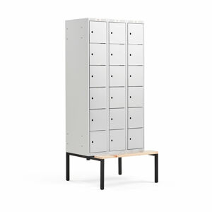 Boxová šatní skříň CLASSIC, s lavicí, 3 sekce, 18 boxů, 2120x900x550 mm, šedé dveře