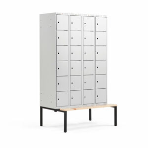Boxová šatní skříň CLASSIC, s lavicí, 4 sekce, 24 boxů, 2120x1200x550 mm, šedé dveře