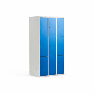 Boxová šatní skříň CLASSIC, 3 sekce, 9 boxů, 1740x900x550 mm, šedá, modré dveře