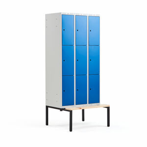 Boxová šatní skříň CLASSIC, s lavicí, 3 sekce, 9 boxů, 2120x900x550 mm, modré dveře