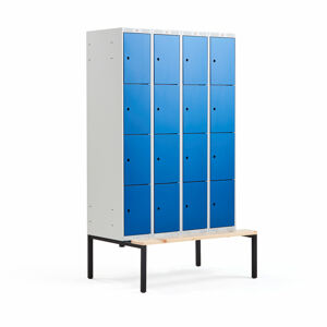 Boxová šatní skříň CLASSIC, s lavicí, 4 sekce, 16 boxů, 2120x1200x550 mm, modré dveře