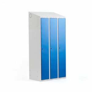 Šatní skříňka CLASSIC, šikmá střecha, 3 sekce, 1900x900x550 mm, šedá, modré dveře