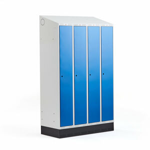 Šatní skříňka CLASSIC, šikmá střecha, se soklem, 4 sekce, 2050x1200x550 mm, modré dveře