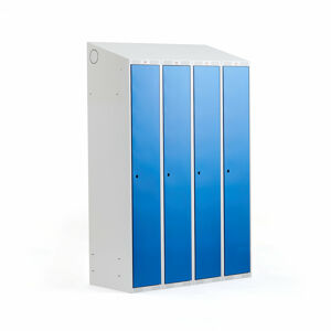 Šatní skříňka CLASSIC, šikmá střecha, 4 sekce, 1900x1200x550 mm, šedá, modré dveře