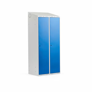 Šatní skříňka CLASSIC, šikmá střecha, 2 sekce, 1900x800x550 mm, šedá, modré dveře