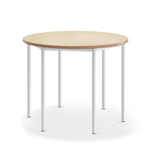 Stůl SONITUS, Ø1200x900 mm, bílé nohy, deska s linoleem, béžová