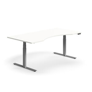 Výškově nastavitelný stůl QBUS, vykrojený, 2000x1000 mm, stříbrná podnož, bílá