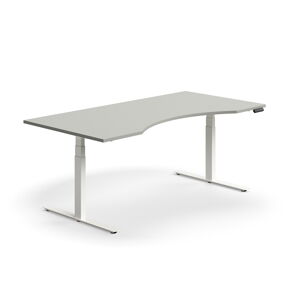 Výškově nastavitelný stůl QBUS, vykrojený, 2000x1000 mm, bílá podnož, světle šedá