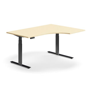 Výškově nastavitelný stůl QBUS, rohový, 1600x1200 mm, černá podnož, bříza