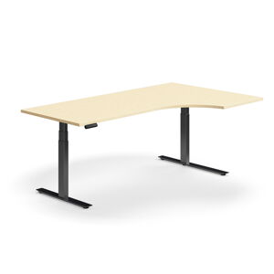 Výškově nastavitelný stůl QBUS, rohový, 2000x1200 mm, černá podnož, bříza