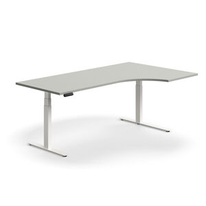 Výškově nastavitelný stůl QBUS, rohový, 2000x1200 mm, bílá podnož, světle šedá