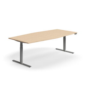 Jednací stůl QBUS, výškově nastavitelný, ve tvaru sudu, 2400x1200 mm, stříbrná podnož, dub