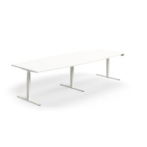 Jednací stůl QBUS, výškově nastavitelný, ve tvaru sudu, 3200x1200 mm, bílá podnož, bílá
