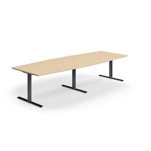 Jednací stůl QBUS, T-nohy, 3200x1200 mm, tvar člunu, černá podnož, dub
