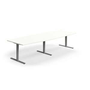 Jednací stůl QBUS, T-nohy, 3200x1200 mm, tvar člunu, stříbrná podnož, bílá