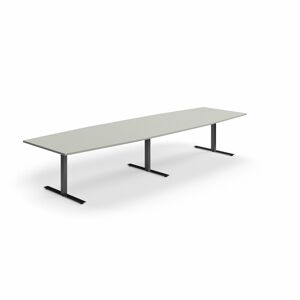 Jednací stůl QBUS, T-nohy, 4000x1200 mm, tvar člunu, černá podnož, světle šedá