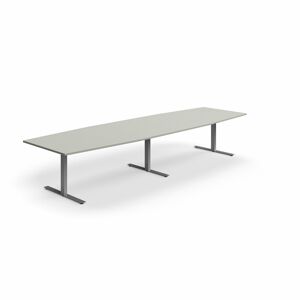 Jednací stůl QBUS, T-nohy, 4000x1200 mm, tvar člunu, stříbrná podnož, světle šedá