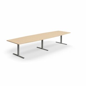 Jednací stůl QBUS, T-nohy, 4000x1200 mm, tvar člunu, stříbrná podnož, dub